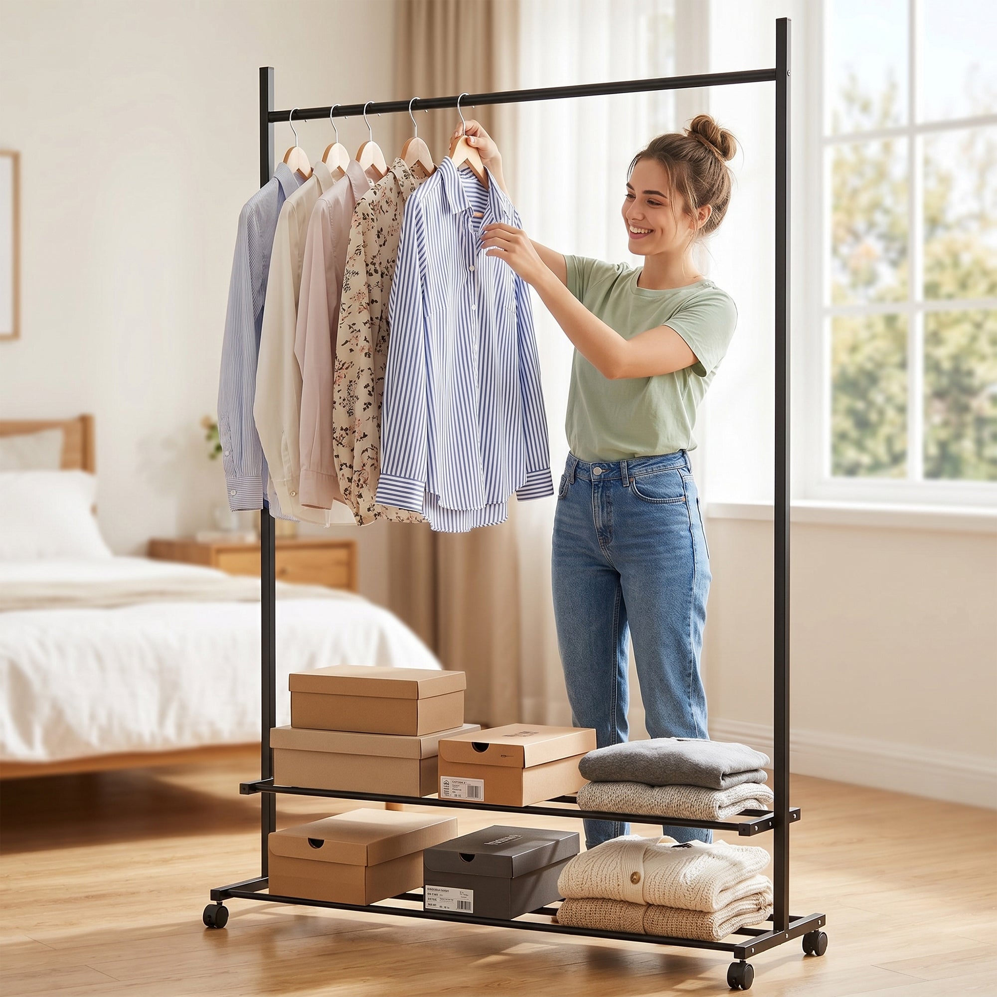 Lukzer Single Rod Metal Garment Rack with Wheels & 2 Bottom Shelves (Black)