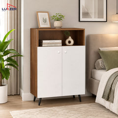 Lukzer Wooden Book Shelf & Storage Cabinet with White Doors (MR-034/Oak Brown)