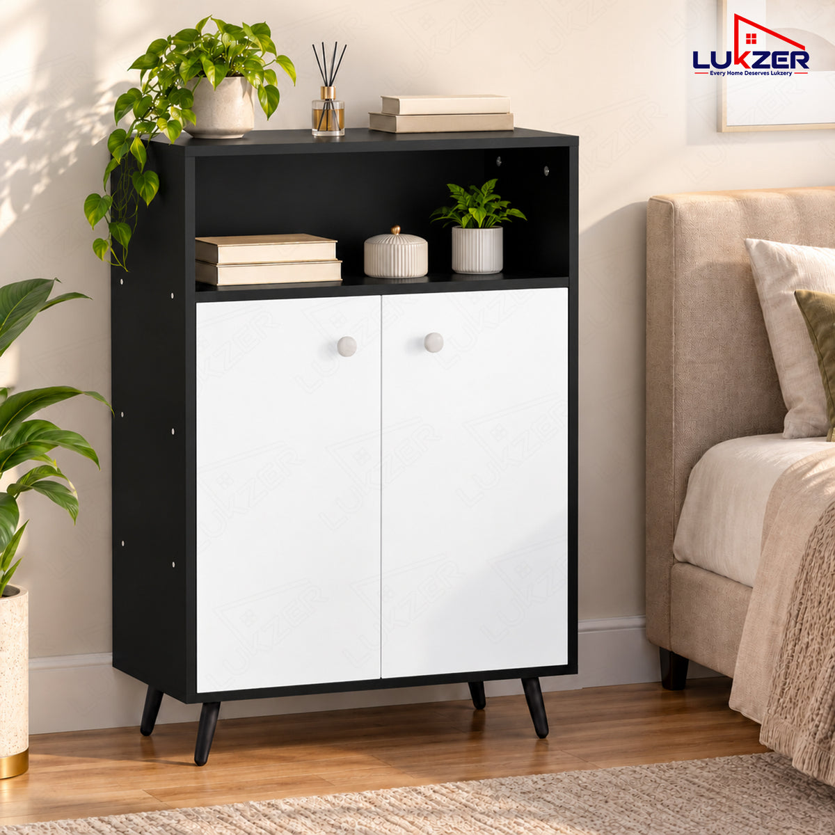 Lukzer Wooden Book Shelf & Storage Cabinet with White Doors (MR-034/Black)