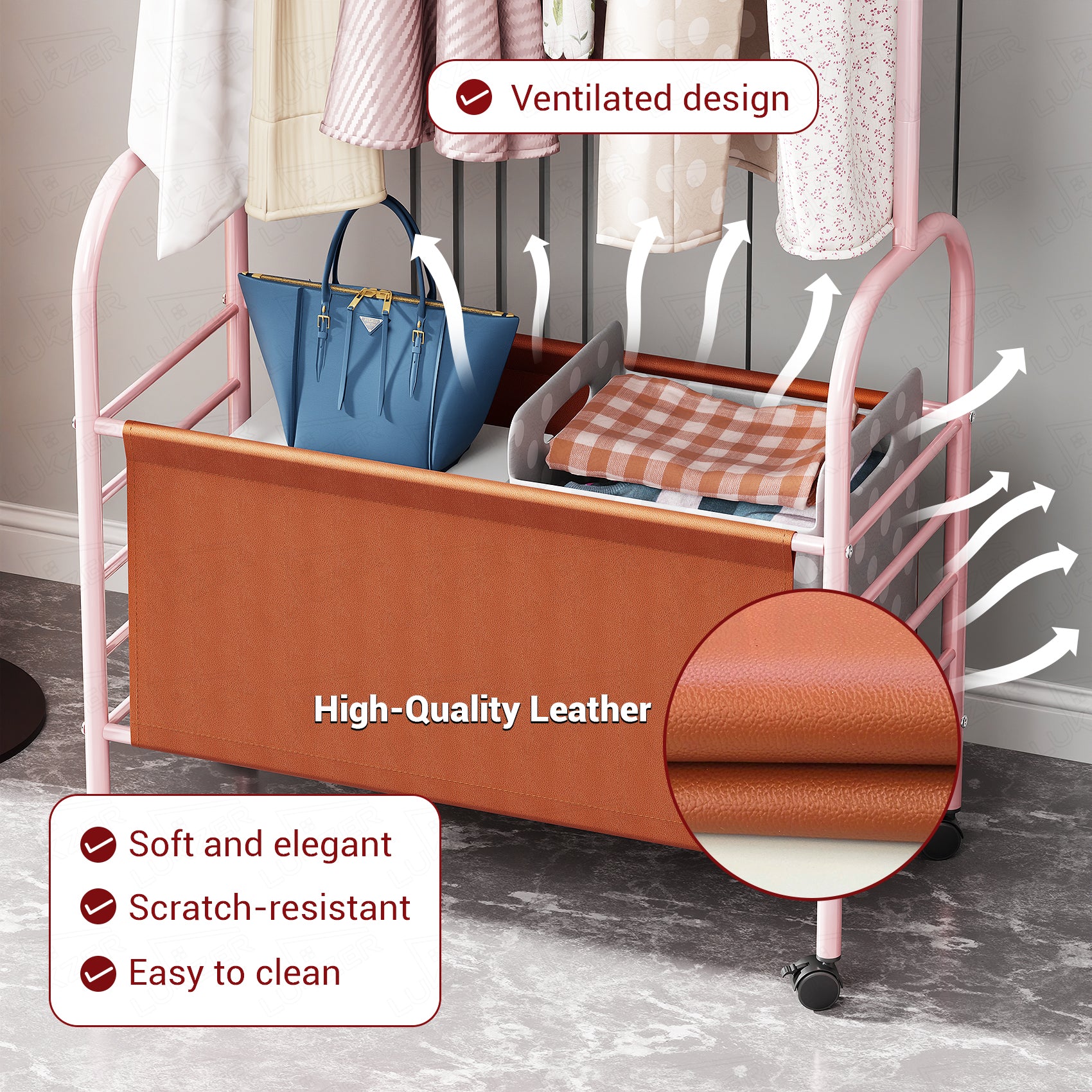 Lukzer Metal Clothes Rail Stand with 4 Side Hooks &amp; 1-Tier Leather Storage Bin, 360° Rotating Wheels | Garment Rack Organizer for Bedroom, Closet, Dorm, Laundry | MGR-009 (171 x 75 x 35)