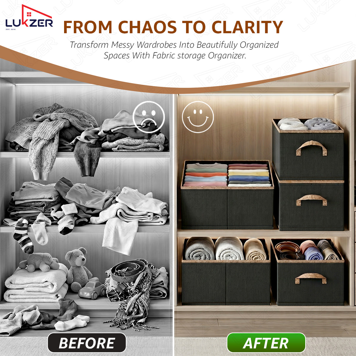 Lukzer 26 Liters Foldable Non-Woven Storage Box/Wardrobe Organizer with Handles - Pack of 03 / Black - WO-01-03