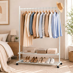 Lukzer Single Rod Metal Garment Rack with Wheels & 2 Bottom Shelves (White)