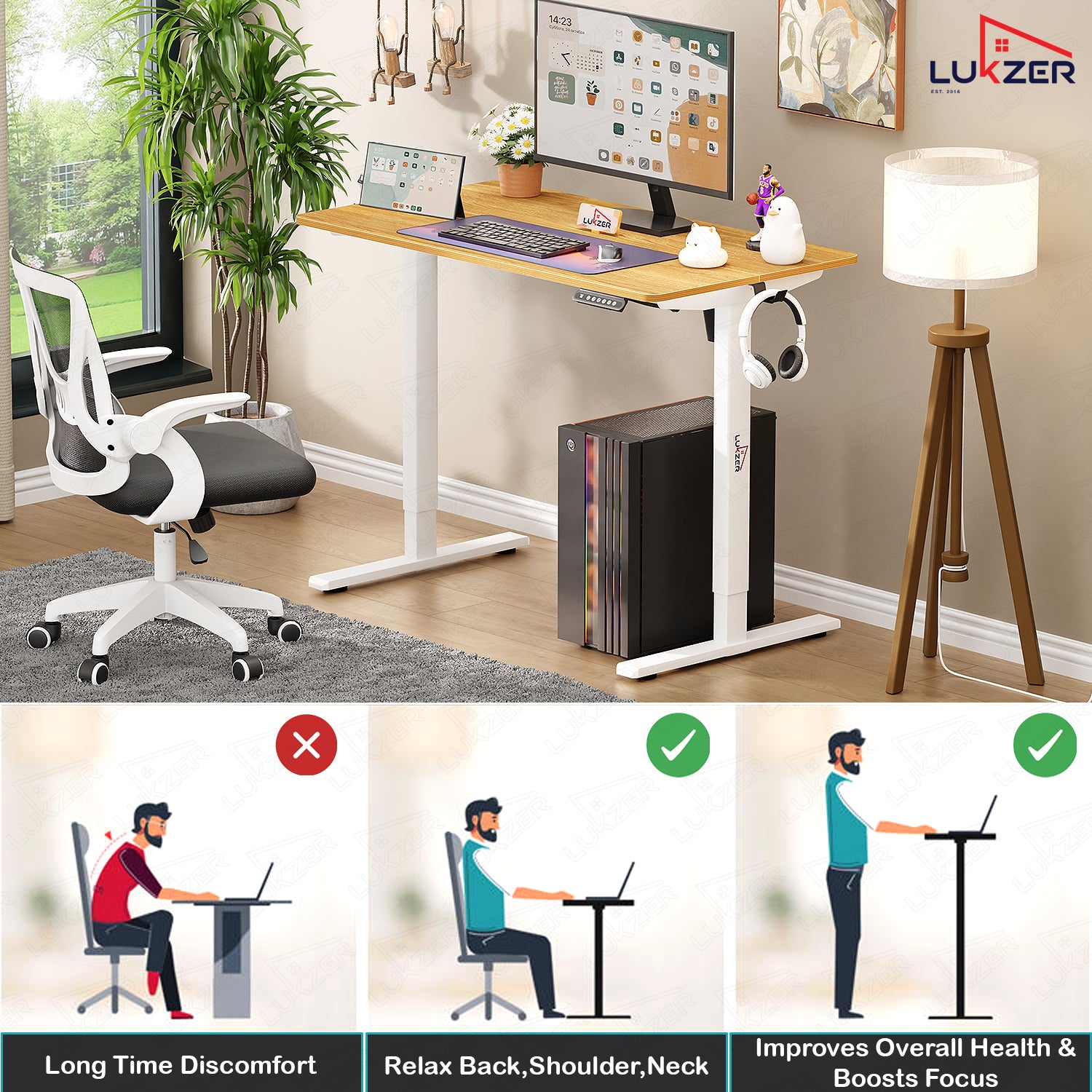 Lukzer Electric Automatic Height Adjustable Sit Stand Desk EST-003 ( White & Oak Light )