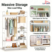 Lukzer Heavy Duty Garment Rack with 8 Shelves & Hanging Rod (MMR-004/White & White)