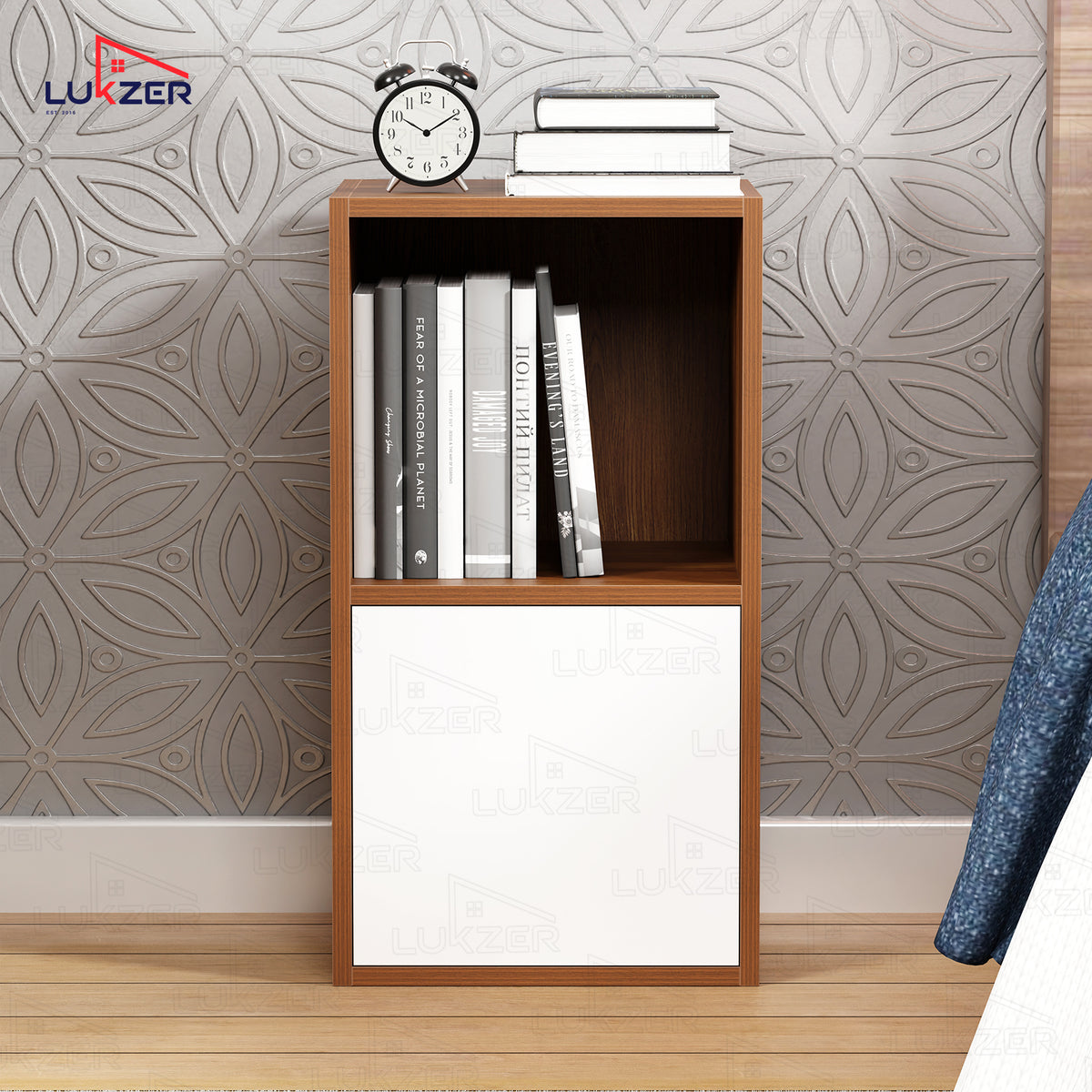 Lukzer Engineered Wood 2 Layer Storage Cabinet with Open Display Rack (MR-021/Oak Brown)