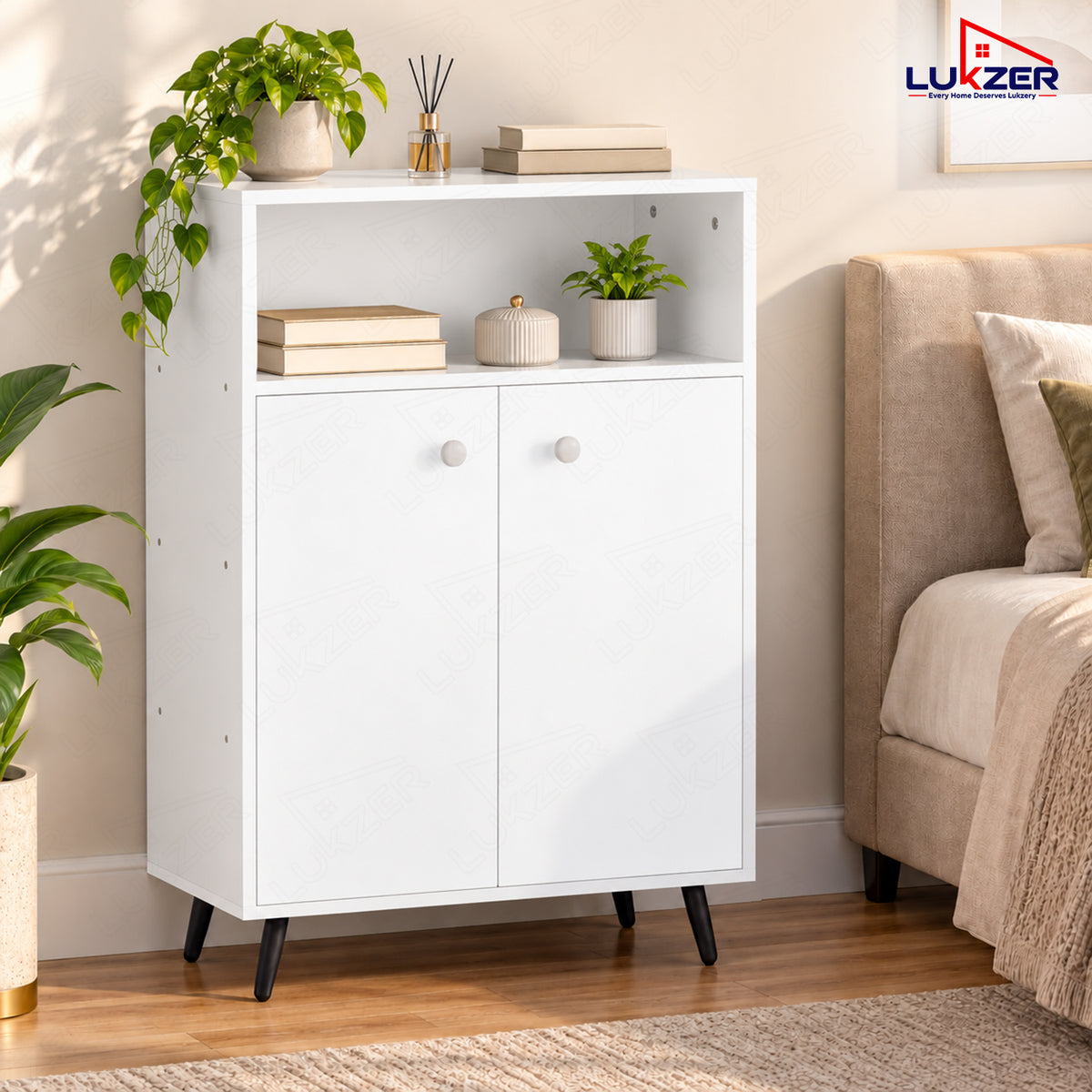 Lukzer Wooden Book Shelf & Storage Cabinet with White Doors (MR-034/White)