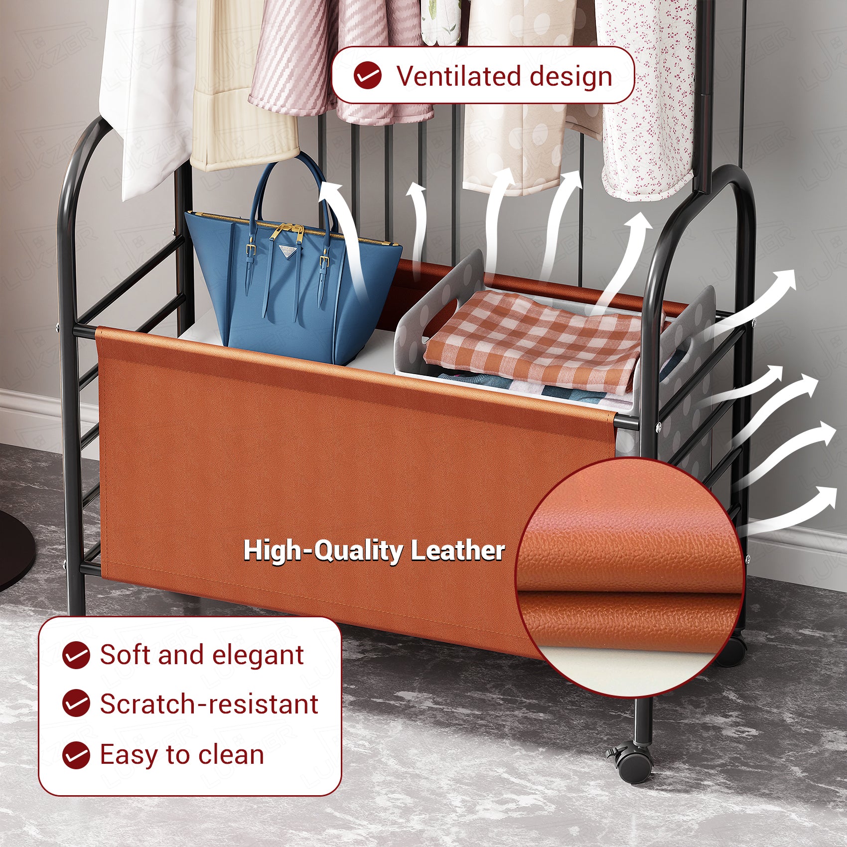 Lukzer Metal Clothes Rail Stand with 4 Side Hooks &amp; 1-Tier Leather Storage Bin, 360° Rotating Wheels | Garment Rack Organizer for Bedroom, Closet, Dorm, Laundry | MGR-009 (171 x 75 x 35)