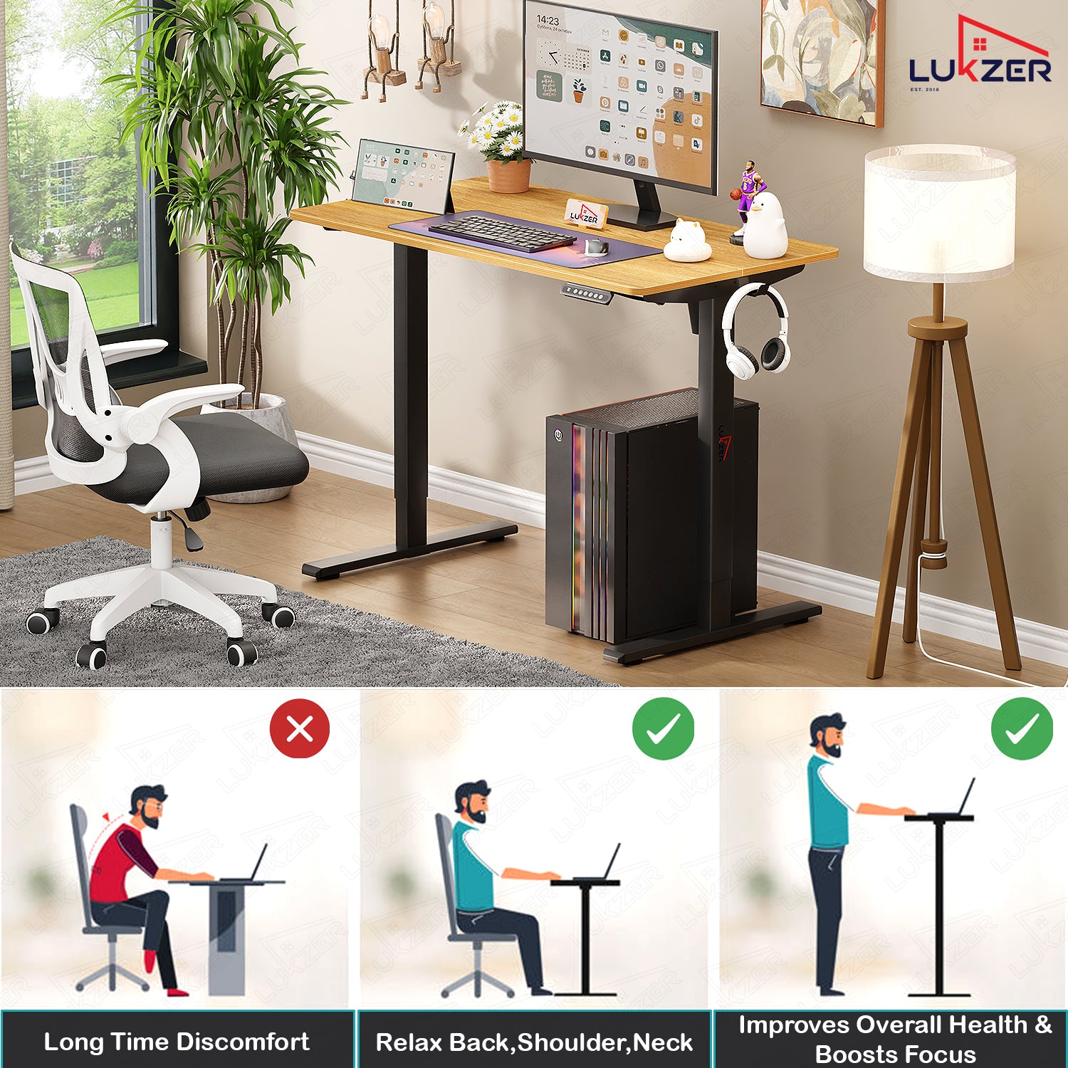 Lukzer Electric Automatic Height Adjustable Sit Stand Desk EST-003 ( Black & Oak Light )
