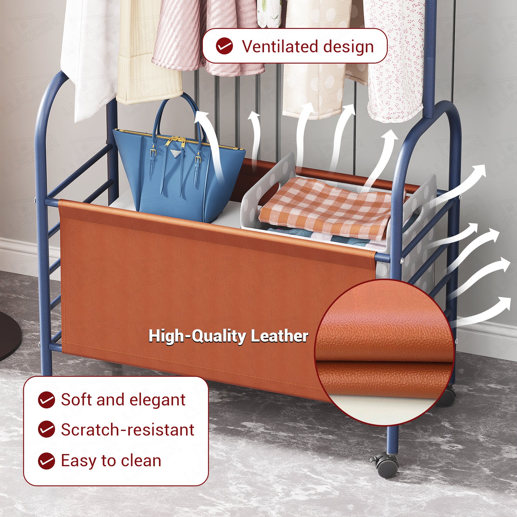 Lukzer Metal Clothes Rail Stand with 4 Side Hooks &amp; 1-Tier Leather Storage Bin, 360° Rotating Wheels | Garment Rack Organizer for Bedroom, Closet, Dorm, Laundry | MGR-009 (171 x 75 x 35)