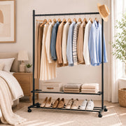 Lukzer Single Rod Metal Garment Rack with Wheels & 2 Bottom Shelves (Black)