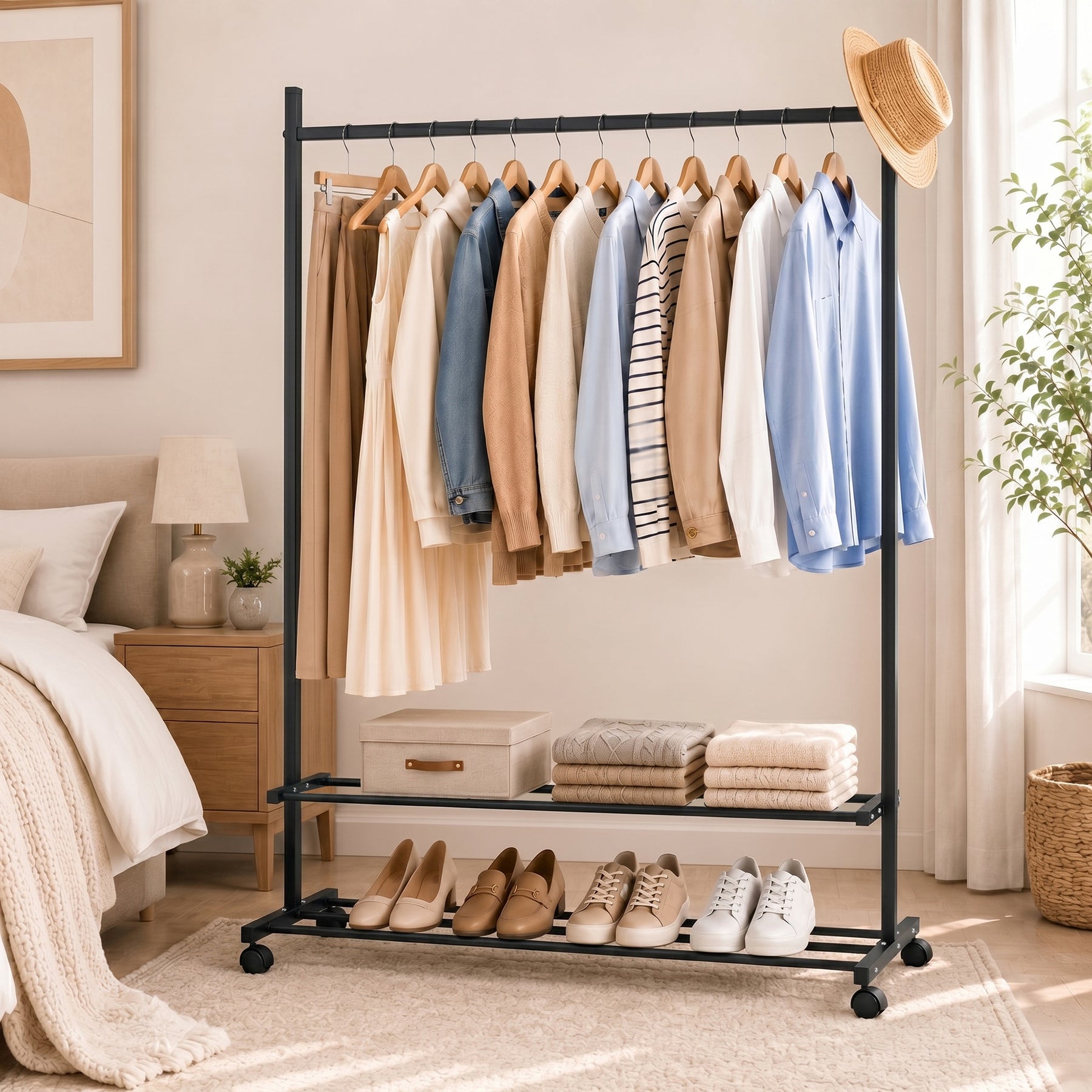 Lukzer Single Rod Metal Garment Rack with Wheels & 2 Bottom Shelves (Black)