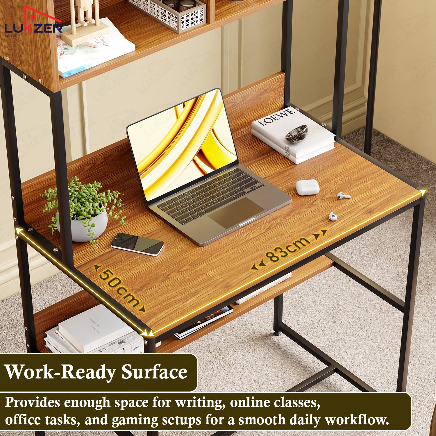 Lukzer Modern Study Table with Open Bookshelf & Hutch (MST-010/Black & Oak Brown)