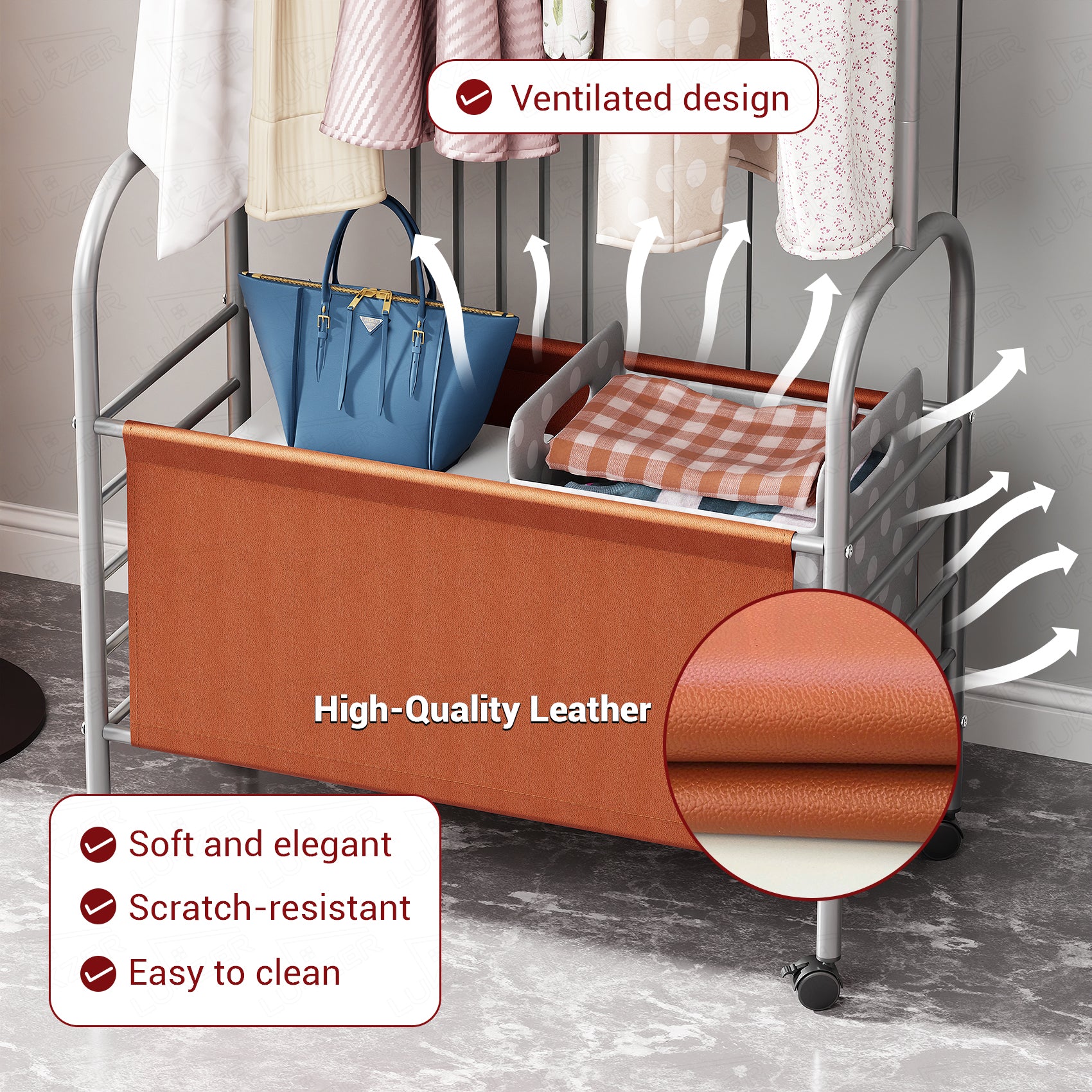 Lukzer Metal Clothes Rail Stand with 4 Side Hooks &amp; 1-Tier Leather Storage Bin, 360° Rotating Wheels | Garment Rack Organizer for Bedroom, Closet, Dorm, Laundry | MGR-009 (171 x 75 x 35)