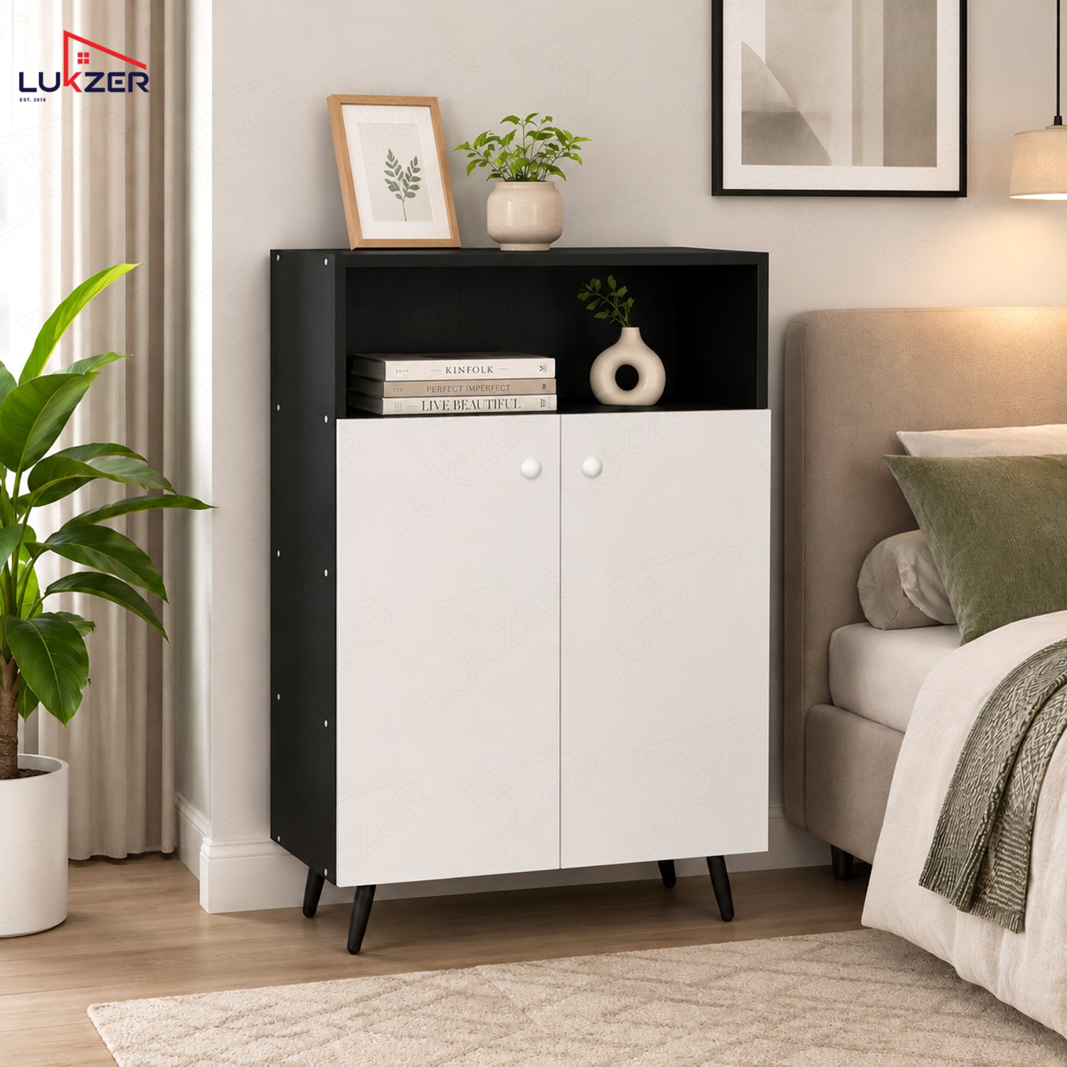 Lukzer Wooden Book Shelf & Storage Cabinet with White Doors (MR-034/Black)