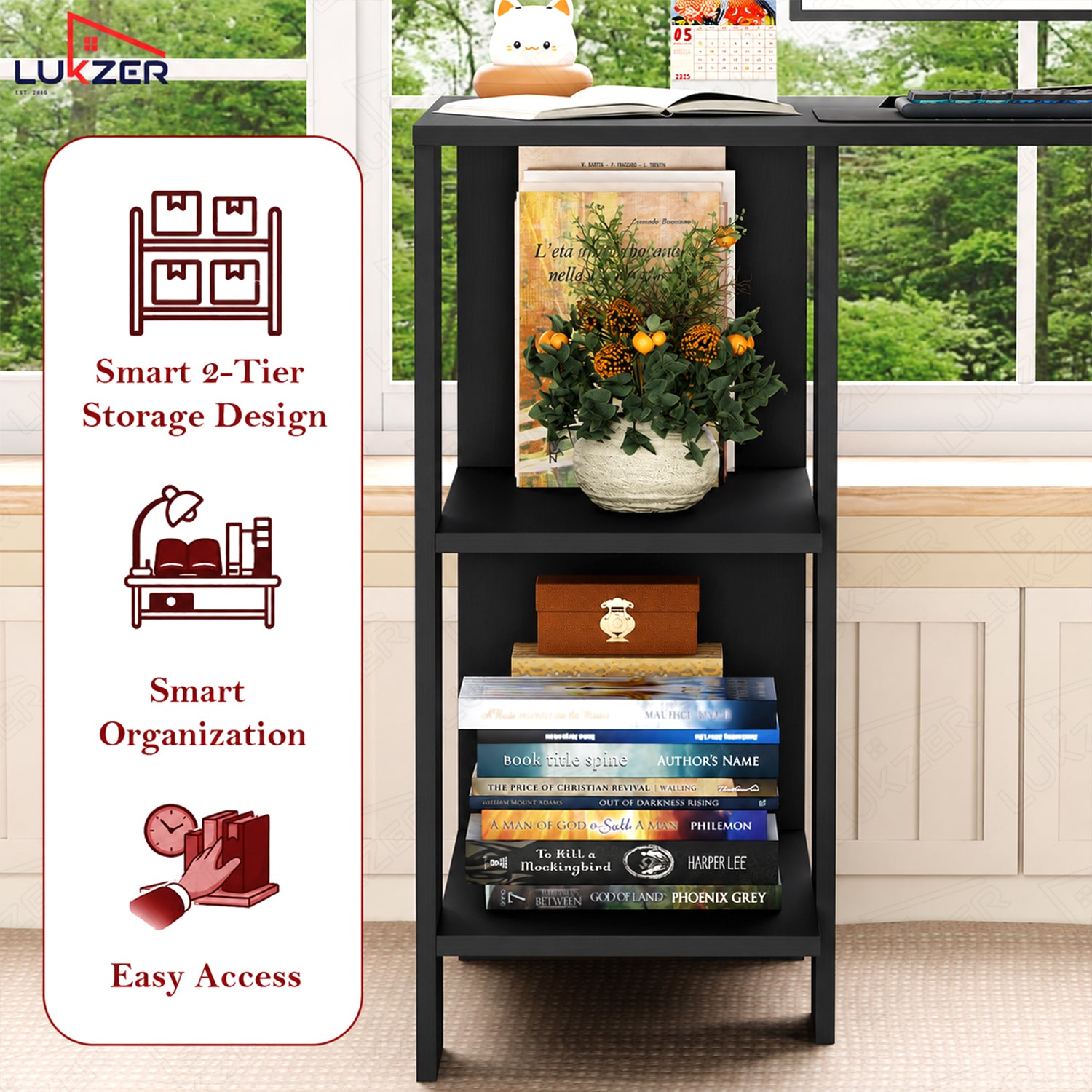 Lukzer Engineered Wood Study & Computer Table Office Desk with Bookshelf (ST-007/Black)