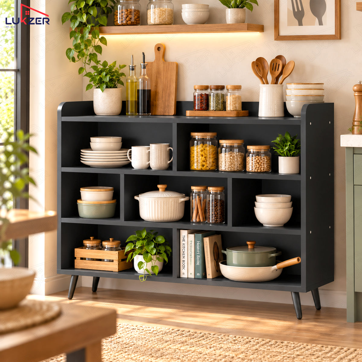 Lukzer 7-Section Engineered Wood Book Shelf with Legs (MR-008L)