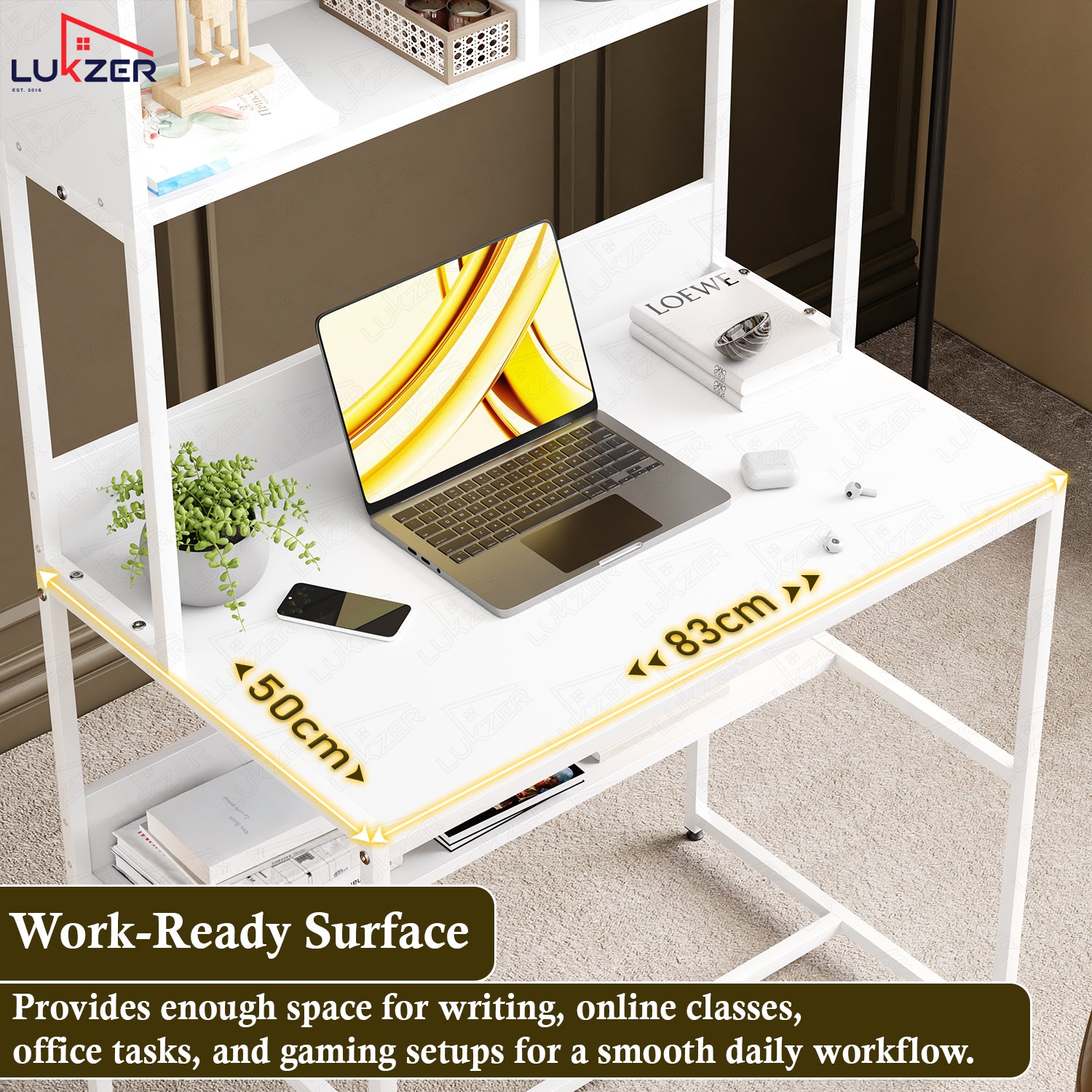 Lukzer Modern Study Table with Open Bookshelf & Hutch (MST-010/White & White)
