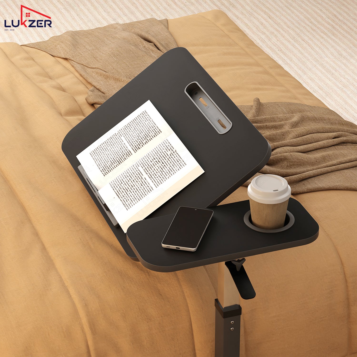 Lukzer Adjustable Overbed Study Table with Tilt Top, Cupholder & Wheels (MST-003/Black & Black)