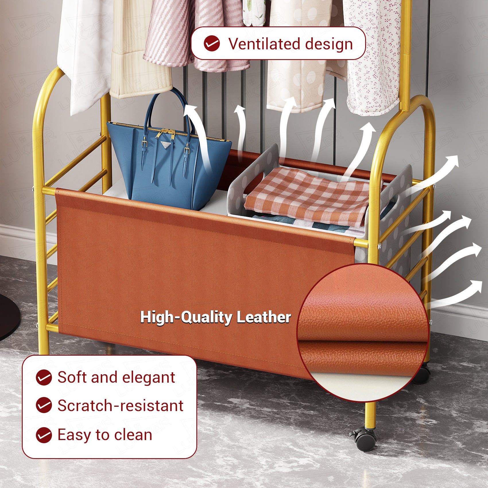 Lukzer Metal Clothes Rail Stand with 4 Side Hooks &amp; 1-Tier Leather Storage Bin, 360° Rotating Wheels | Garment Rack Organizer for Bedroom, Closet, Dorm, Laundry | MGR-009 (171 x 75 x 35)