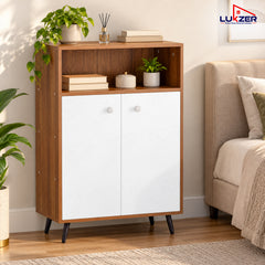 Lukzer Wooden Book Shelf & Storage Cabinet with White Doors (MR-034/Oak Brown)