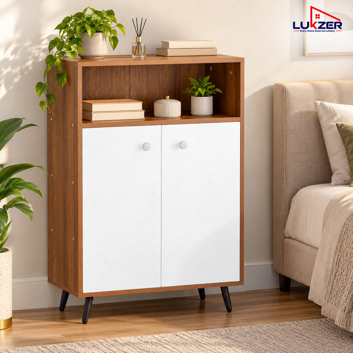 Lukzer Wooden Book Shelf & Storage Cabinet with White Doors (MR-034/Oak Brown)