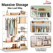 Lukzer Heavy Duty Garment Rack with 8 Shelves & Hanging Rod (MMR-004/White & Oak Brown)