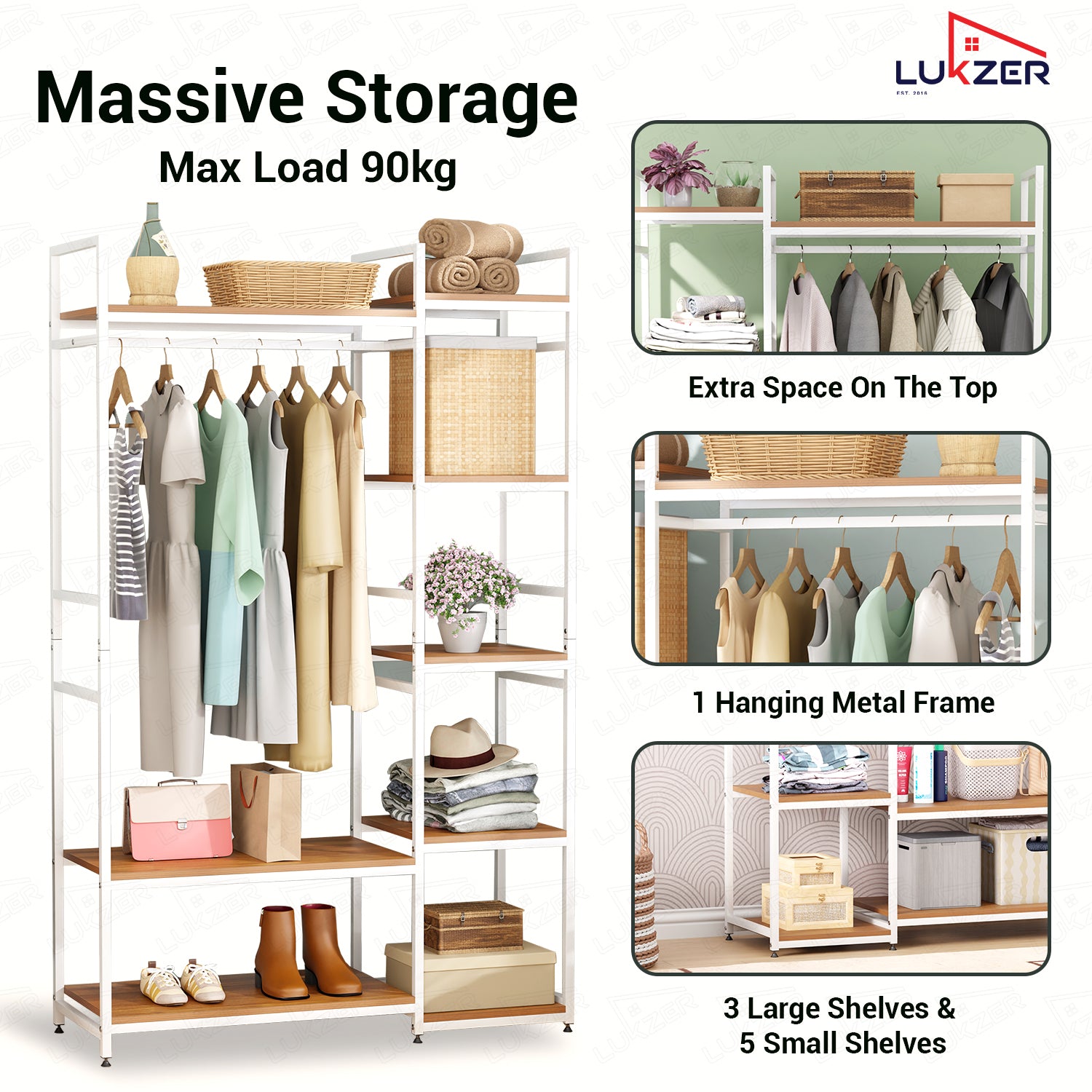 Lukzer Heavy Duty Garment Rack with 8 Shelves & Hanging Rod (MMR-004/White & Oak Brown)