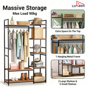 Lukzer Heavy Duty Garment Rack with 8 Shelves & Hanging Rod (MMR-004/Black & Oak Brown)