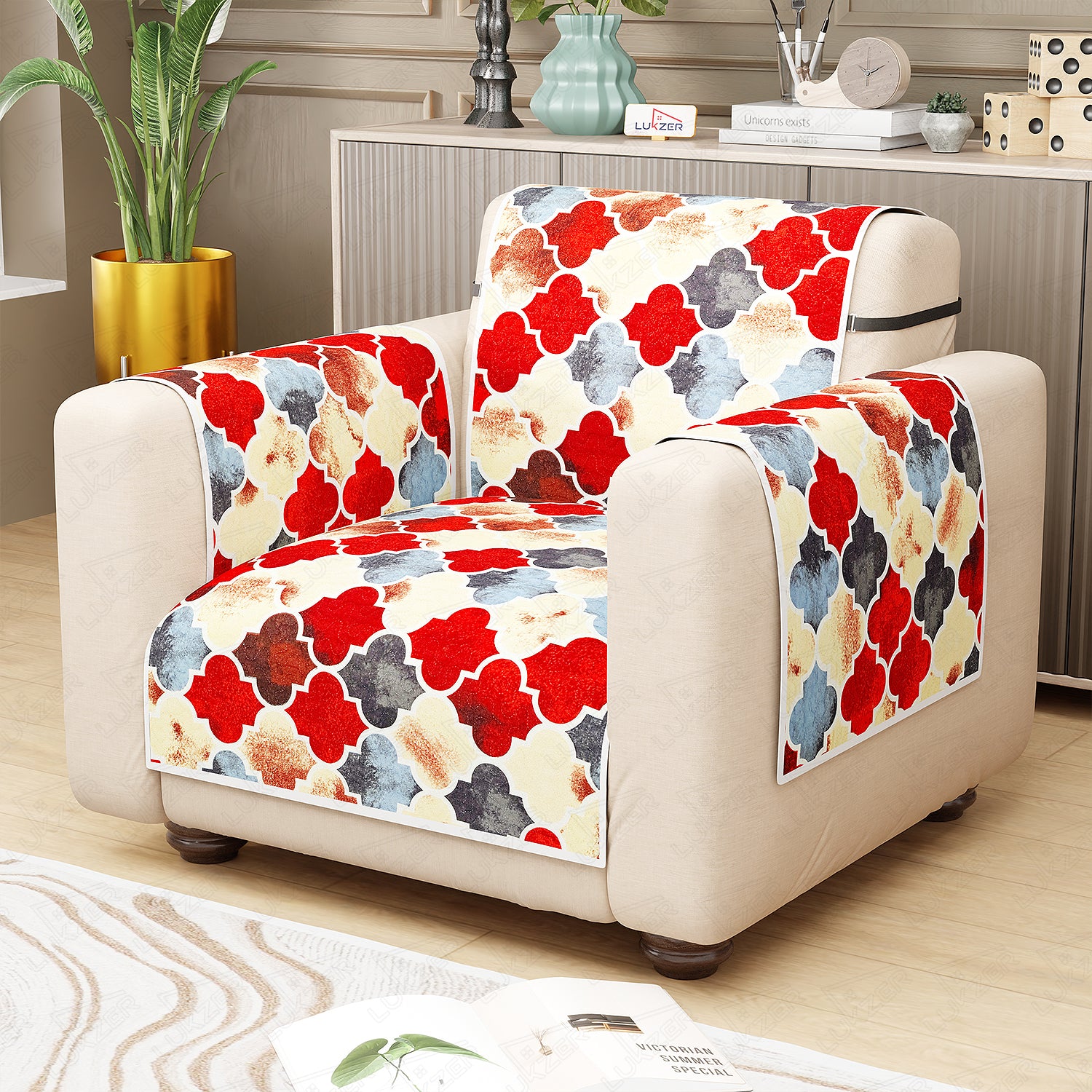 Lukzer Quilted Reversible Sofa Cover Mat with Arms | Polyester Blend 350 GSM Full Coverage &amp; Back Belt for Stability | Washable Furniture Protector.