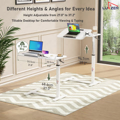 Lukzer Adjustable Overbed Study Table with Tilt Top, Cupholder & Wheels (MST-003/White & White)