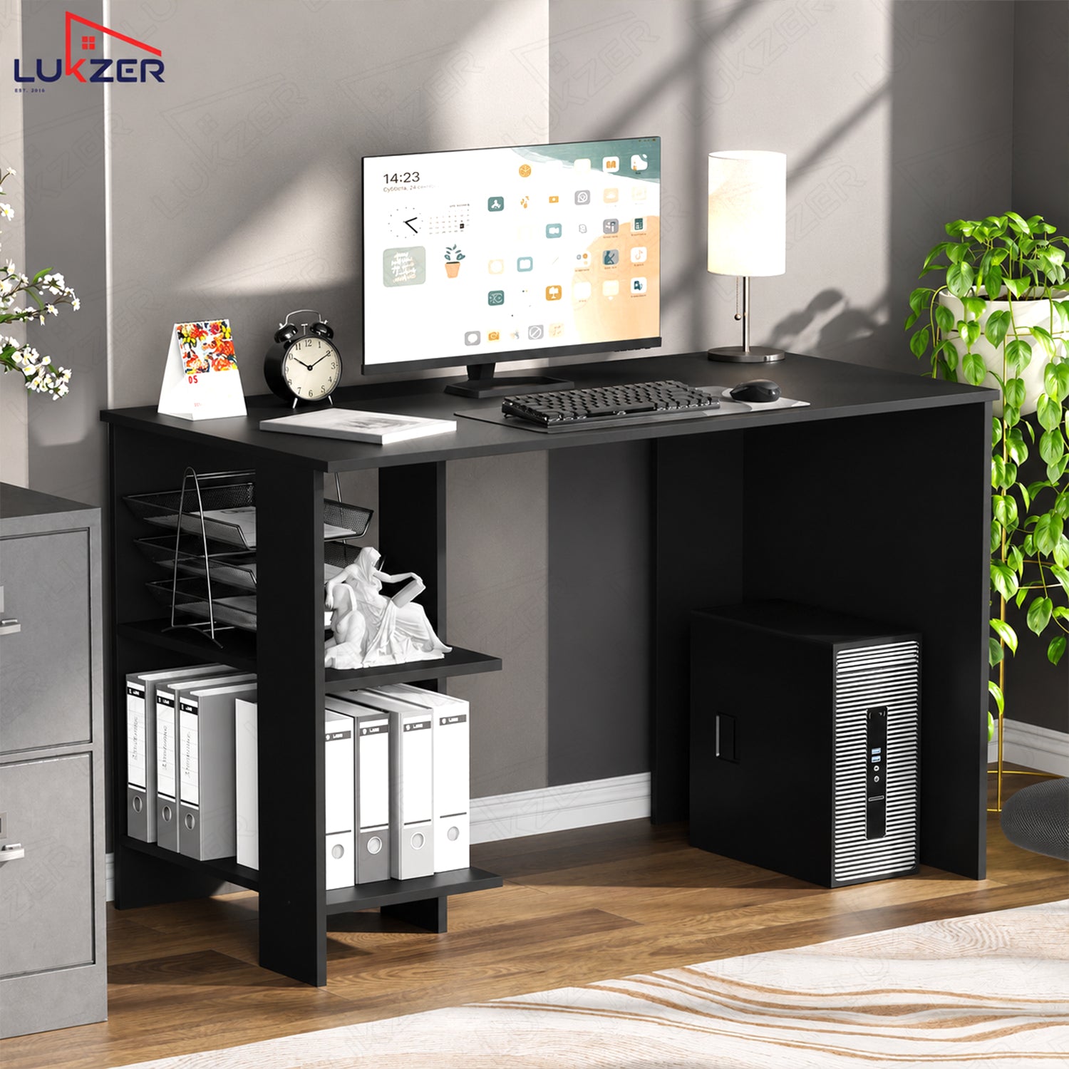 Lukzer Engineered Wood Study & Computer Table Office Desk with Bookshelf (ST-007/Black)