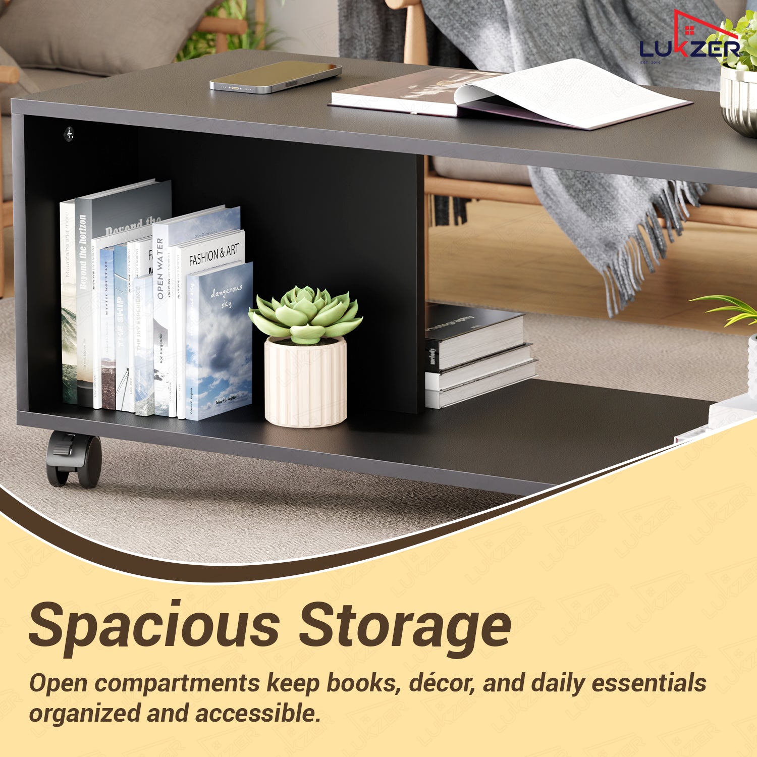 Lukzer Engineered Wood Center Table with Wheels Open Storage Desk (CT-003/Black)