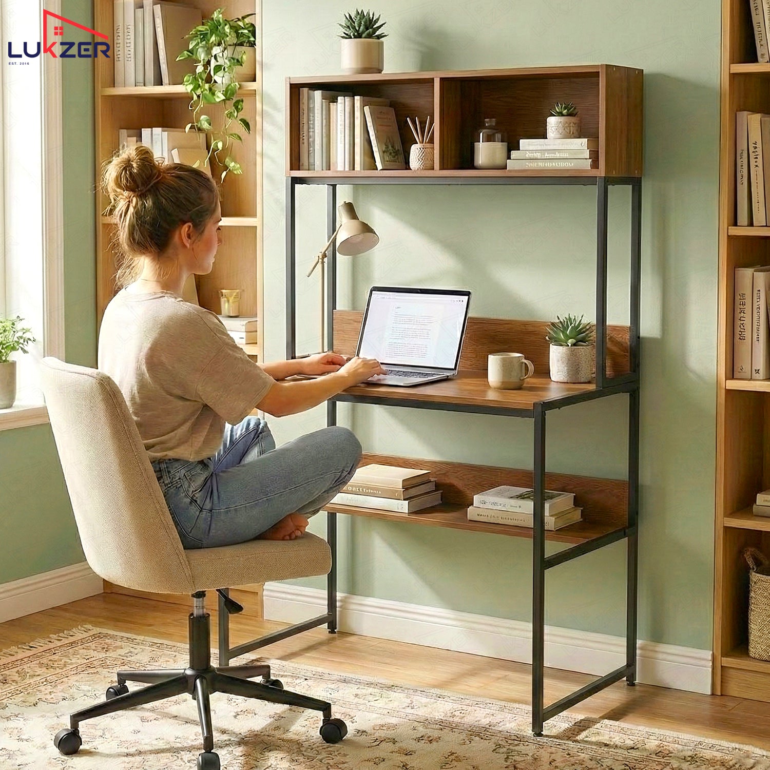 Lukzer Modern Study Table with Open Bookshelf & Hutch (MST-010/Black & Oak Brown)