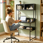 Lukzer Modern Study Table with Open Bookshelf & Hutch (MST-010/Black & Black)