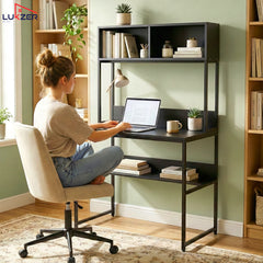 Lukzer Modern Study Table with Open Bookshelf & Hutch (MST-010/Black & Black)