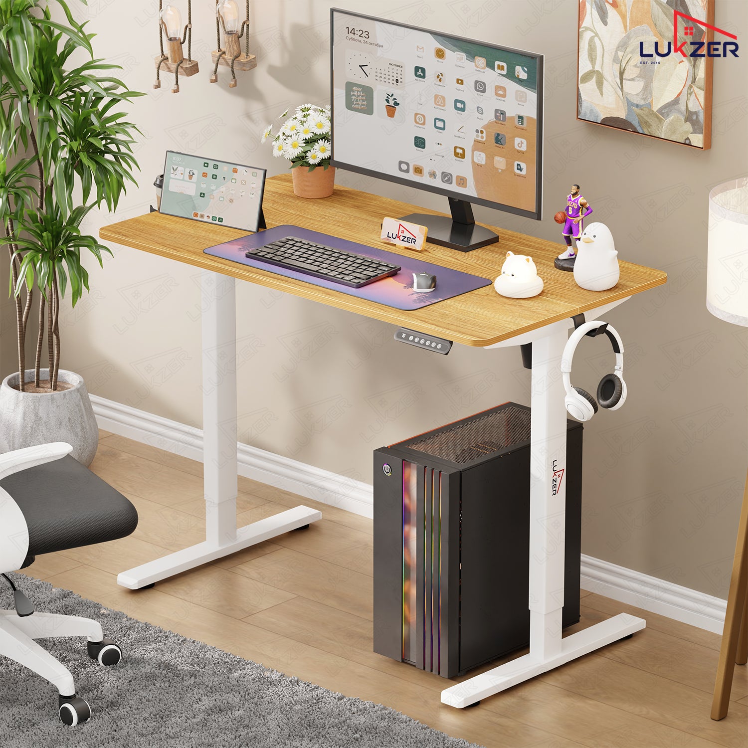 Lukzer Electric Automatic Height Adjustable Sit Stand Desk EST-003 ( White & Oak Light )