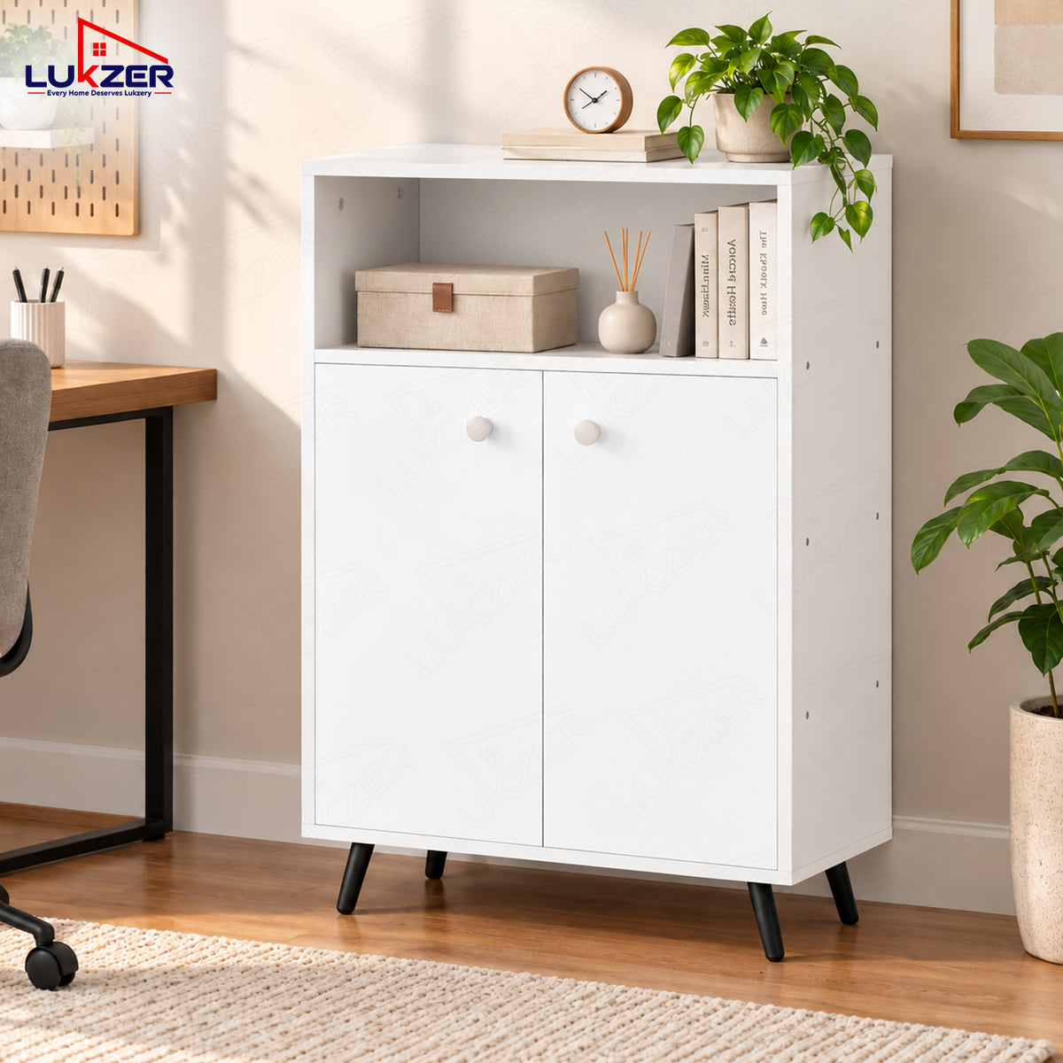 Lukzer Wooden Book Shelf & Storage Cabinet with White Doors (MR-034/White)