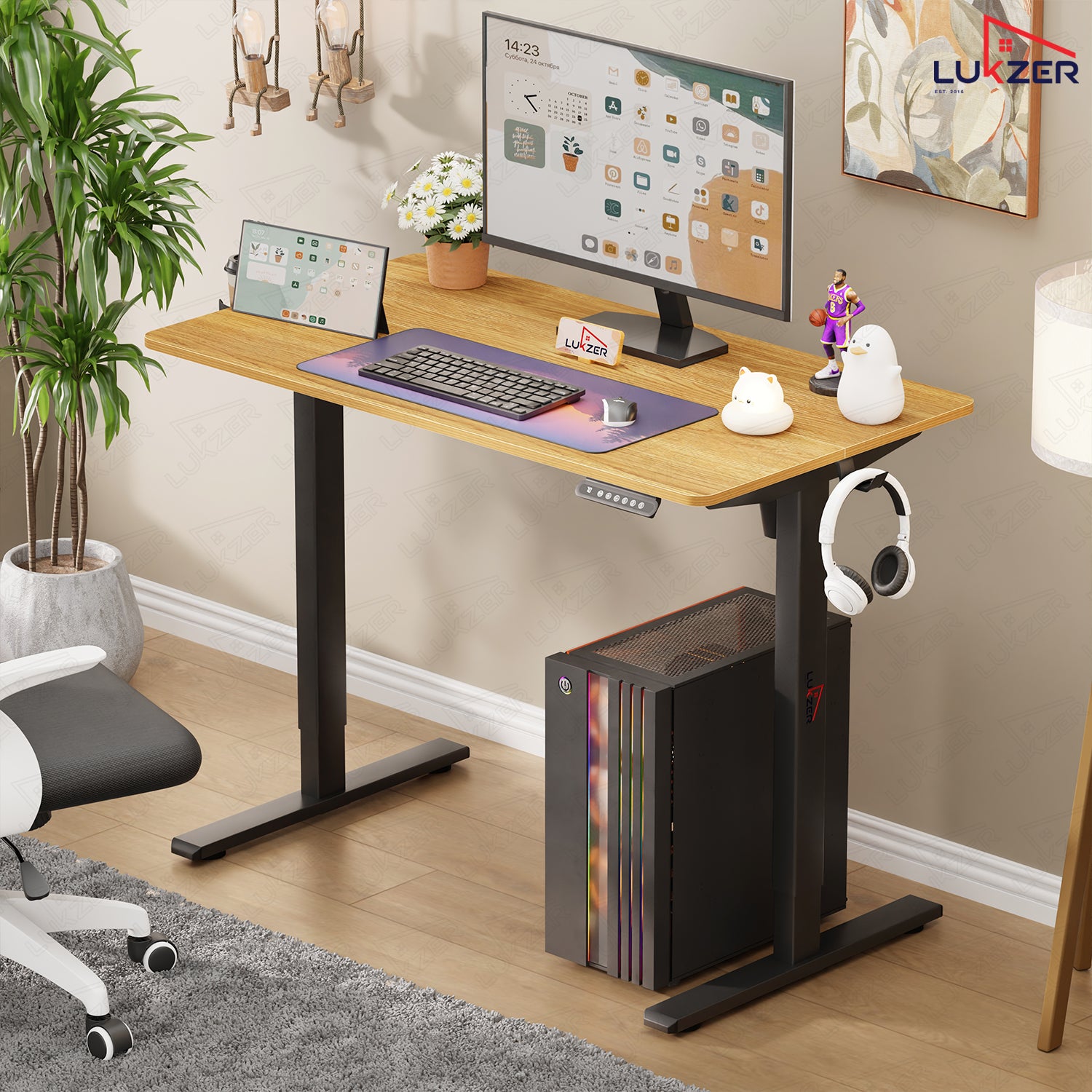 Lukzer Electric Automatic Height Adjustable Sit Stand Desk EST-003 ( Black & Oak Light )