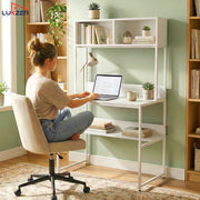 Lukzer Modern Study Table with Open Bookshelf & Hutch (MST-010/White & White)