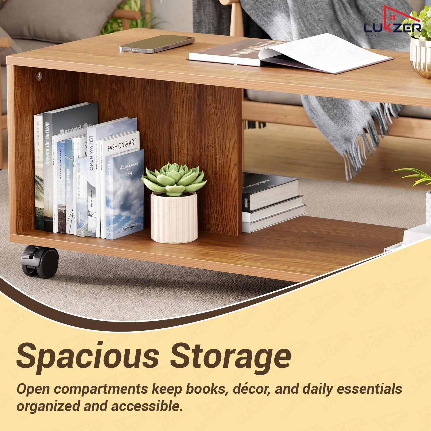 Lukzer Engineered Wood Center Table with Wheels Open Storage Desk (CT-003/Oak Brown)