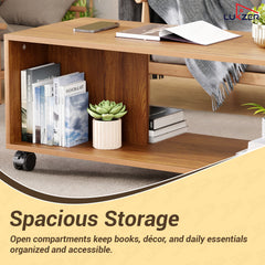 Lukzer Engineered Wood Center Table with Wheels Open Storage Desk (CT-003/Oak Brown)