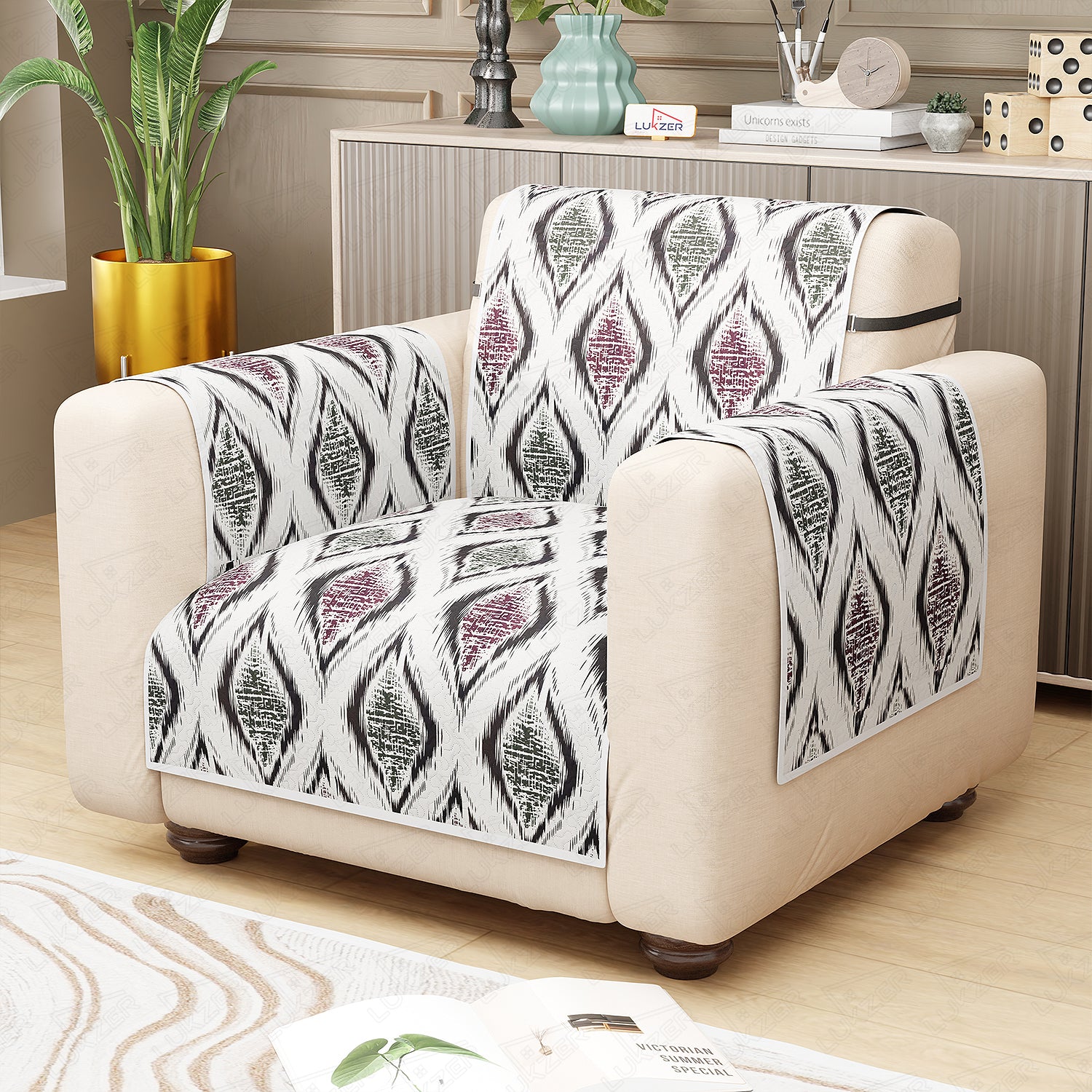 Lukzer Quilted Reversible Sofa Cover Mat with Arms | Polyester Blend 350 GSM Full Coverage &amp; Back Belt for Stability | Washable Furniture Protector.