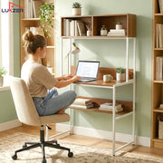 Lukzer Modern Study Table with Open Bookshelf & Hutch (MST-010/White & Oak Brown)