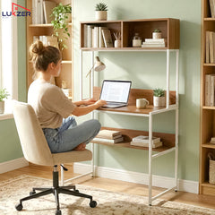 Lukzer Modern Study Table with Open Bookshelf & Hutch (MST-010/White & Oak Brown)