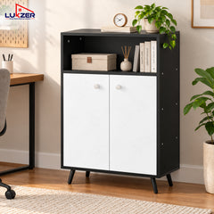 Lukzer Wooden Book Shelf & Storage Cabinet with White Doors (MR-034/Black)