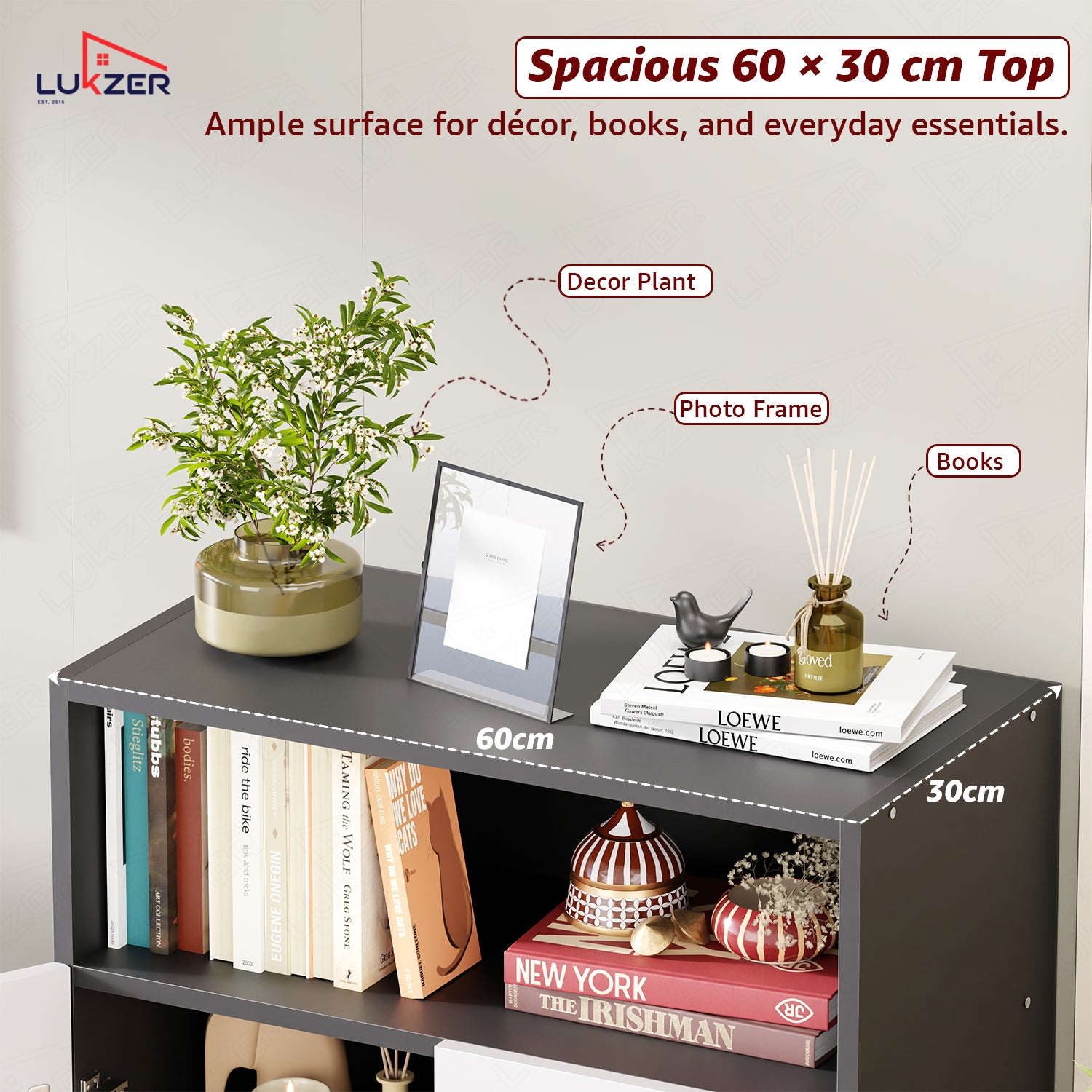 Lukzer Wooden Book Shelf & Storage Cabinet with White Doors (MR-034/Black)