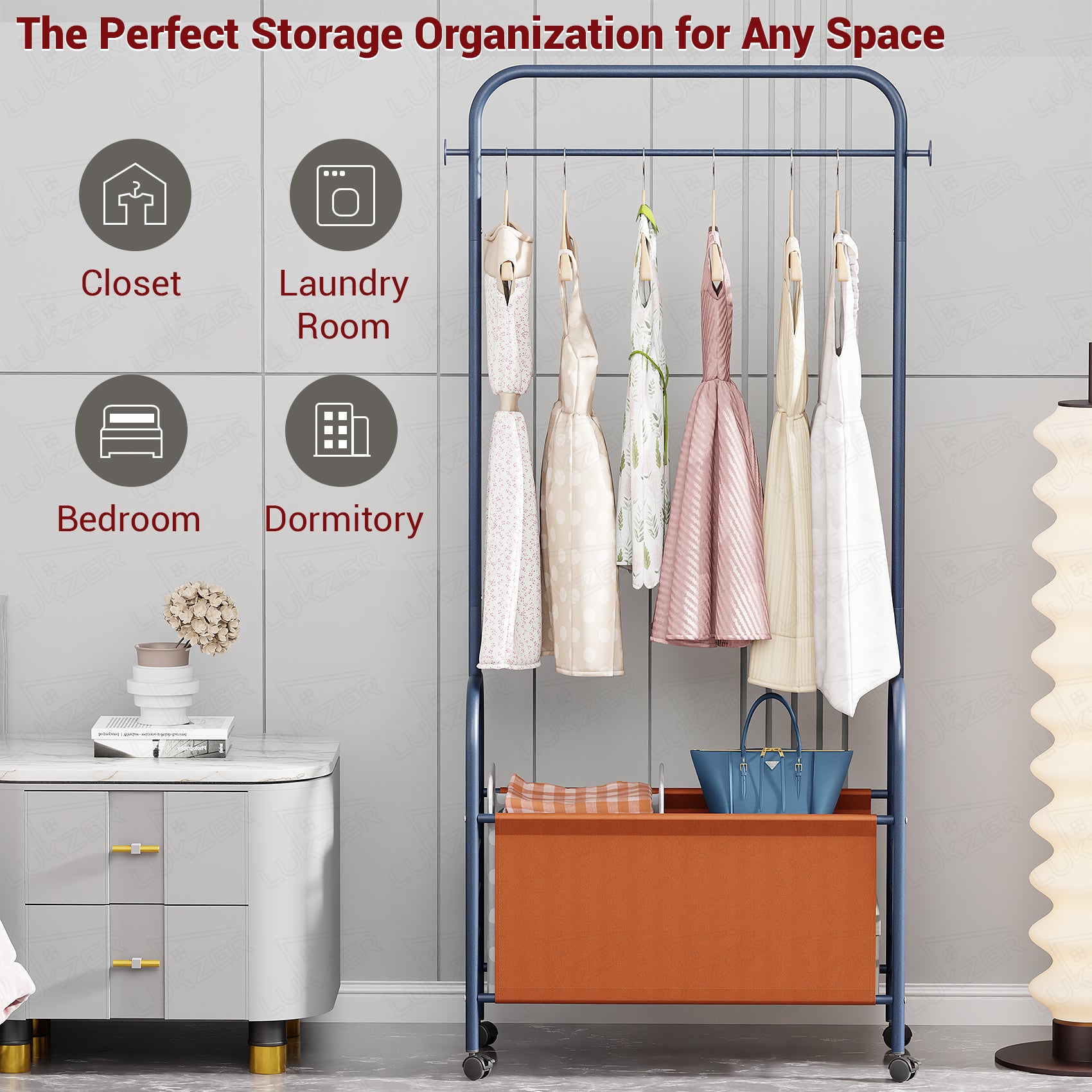 Lukzer Metal Clothes Rail Stand with 4 Side Hooks &amp; 1-Tier Leather Storage Bin, 360° Rotating Wheels | Garment Rack Organizer for Bedroom, Closet, Dorm, Laundry | MGR-009 (171 x 75 x 35)
