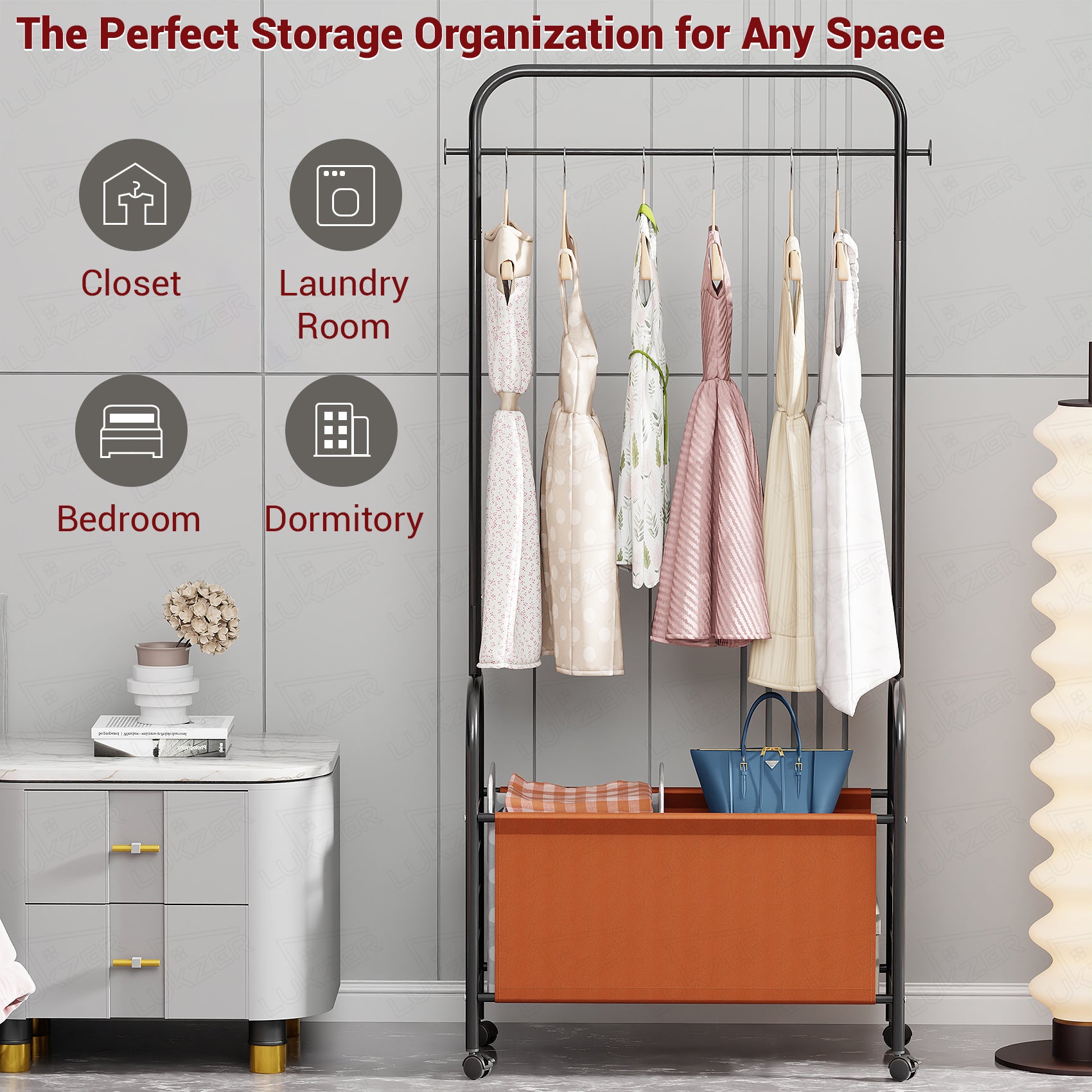 Lukzer Metal Clothes Rail Stand with 4 Side Hooks &amp; 1-Tier Leather Storage Bin, 360° Rotating Wheels | Garment Rack Organizer for Bedroom, Closet, Dorm, Laundry | MGR-009 (171 x 75 x 35)