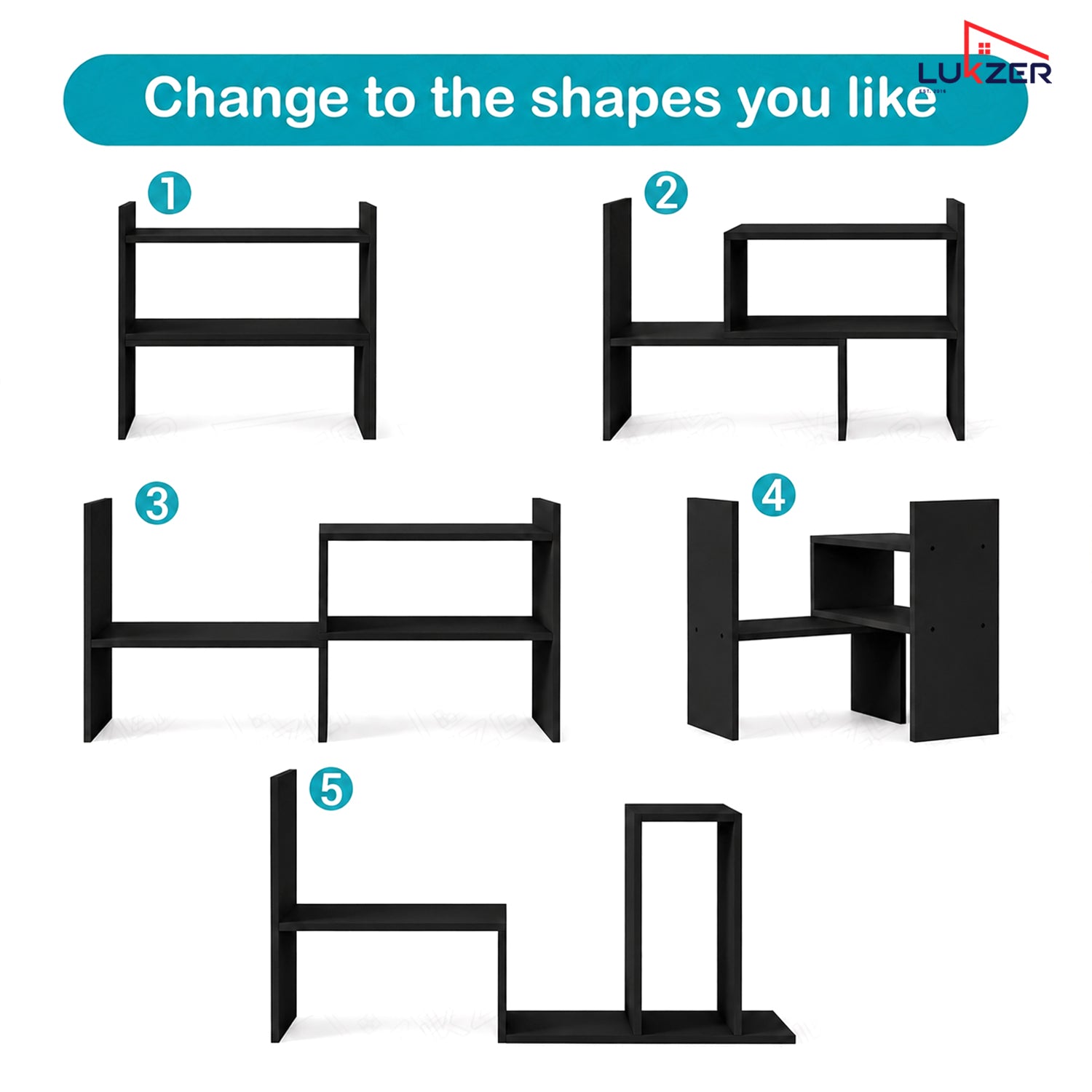 Lukzer Adjustable 5-Tier Bookshelf Multi-Functional Storage Rack (MR-011/Black)