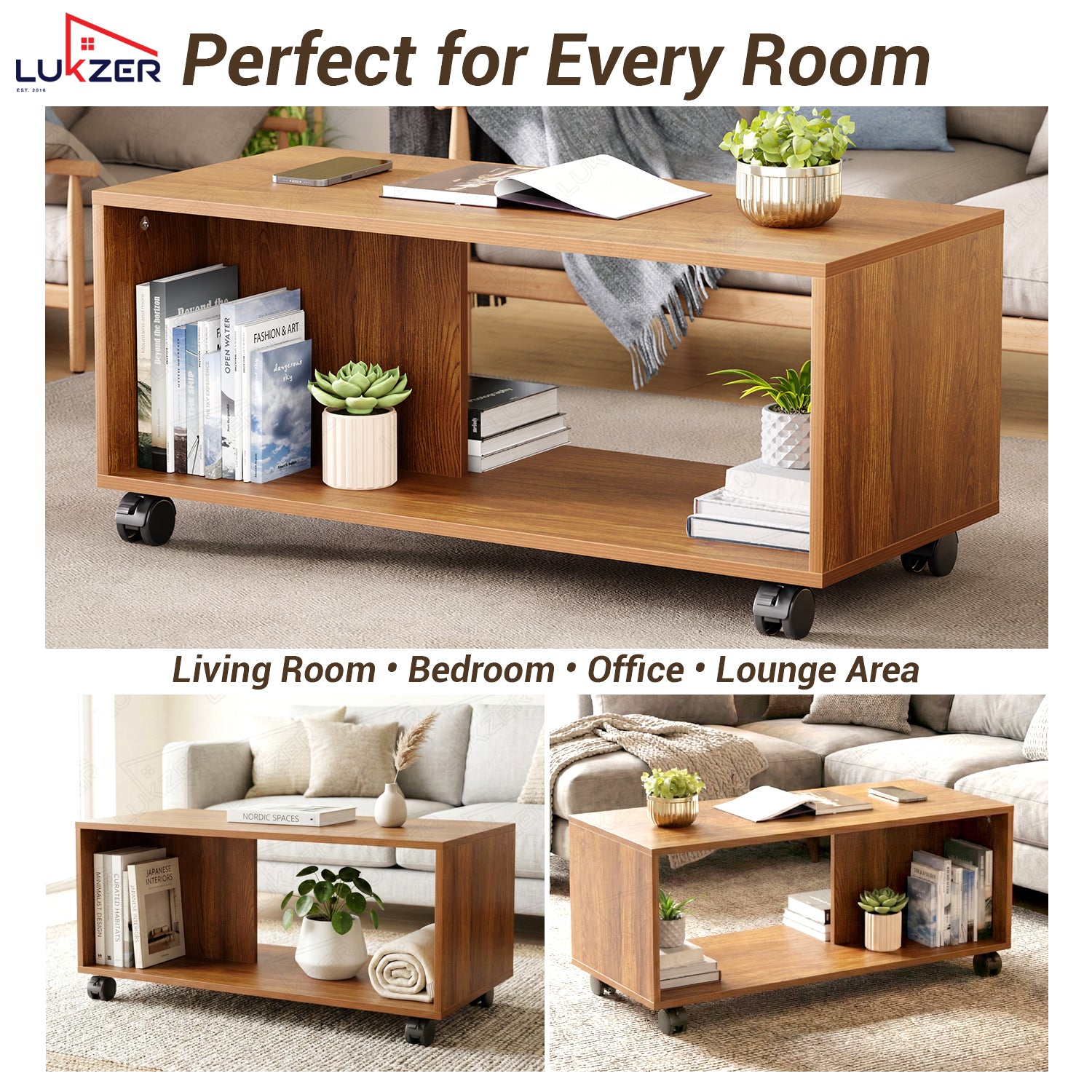 Lukzer Engineered Wood Center Table with Wheels Open Storage Desk (CT-003/Oak Brown)